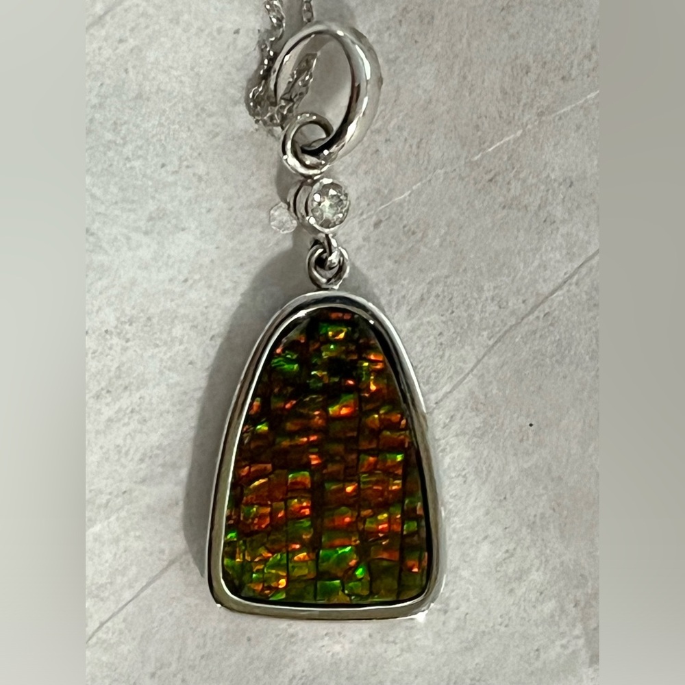 14k Ammolite and Diamond White Gold Pendant Necklace